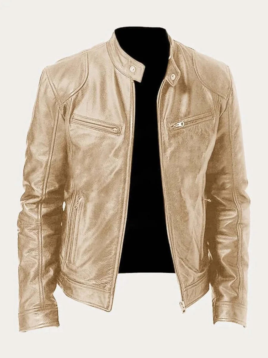 Gold Men's Leather Jacket with Zip-Front Closure & Snap-Button Collar