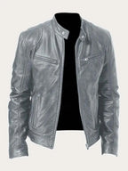 Grey Men's Leather Jacket with Zip-Front Closure & Snap-Button Collar