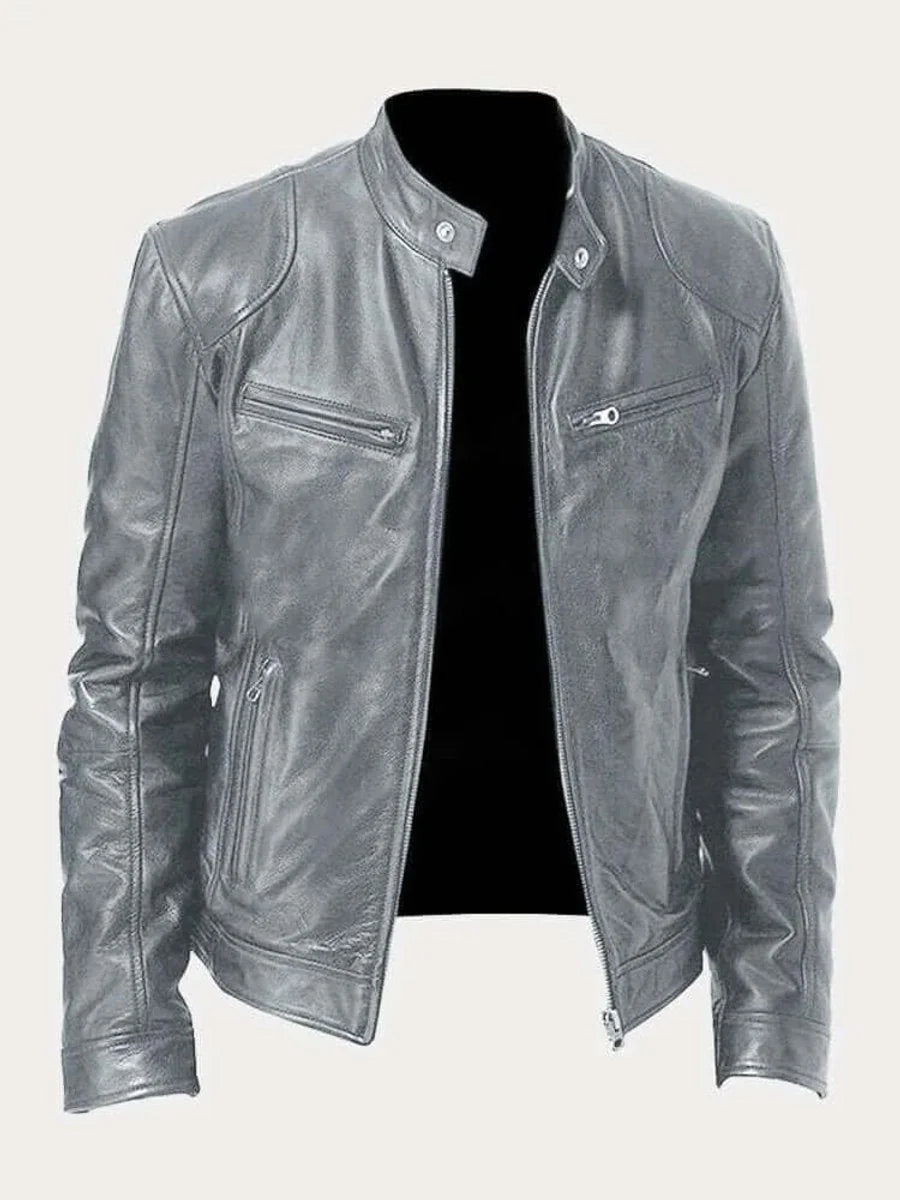 Grey Men's Leather Jacket with Zip-Front Closure & Snap-Button Collar