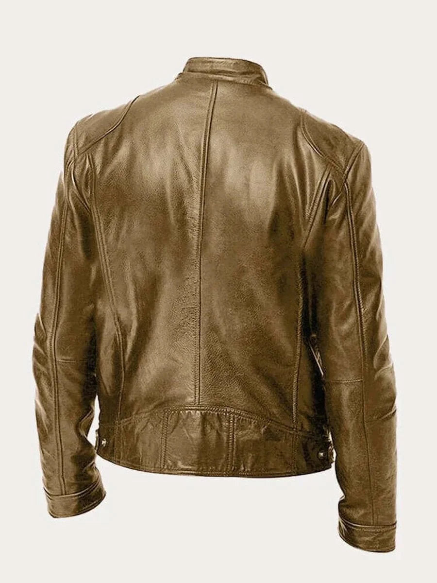 Men's Leather Jacket with Zip-Front Closure & Snap-Button Collar - Back Detail