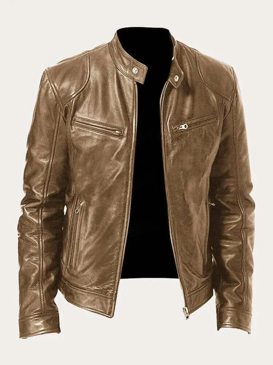 Khaki Men's Leather Jacket with Zip-Front Closure & Snap-Button Collar
