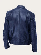 Men's Leather Jacket with Zip-Front Closure & Snap-Button Collar - Back Detail