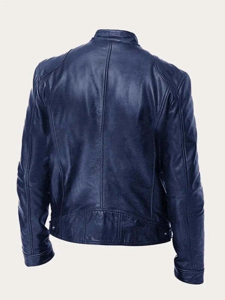 Men's Leather Jacket with Zip-Front Closure & Snap-Button Collar - Back Detail