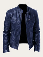 Navy Men's Leather Jacket with Zip-Front Closure & Snap-Button Collar