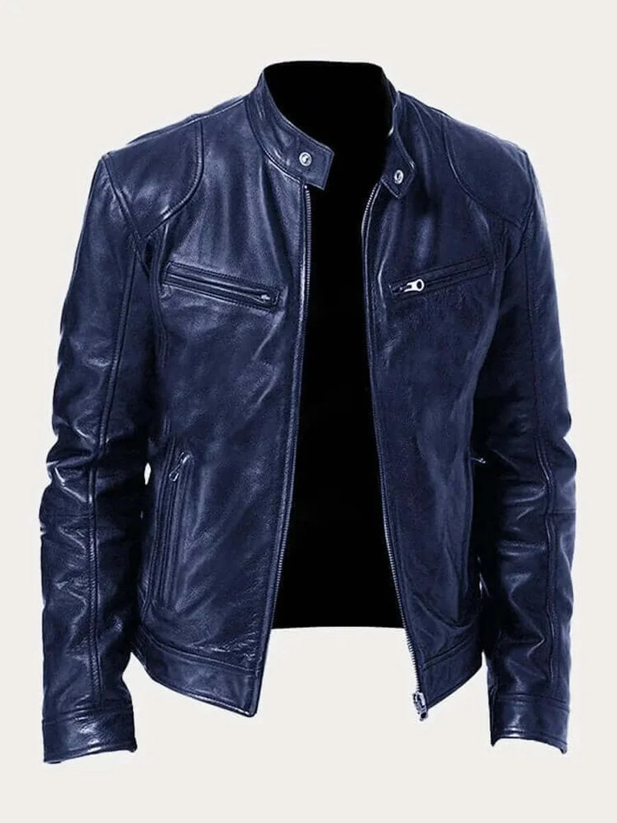 Navy Men's Leather Jacket with Zip-Front Closure & Snap-Button Collar