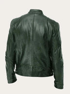 Men's Leather Jacket with Zip-Front Closure & Snap-Button Collar - Back Detail