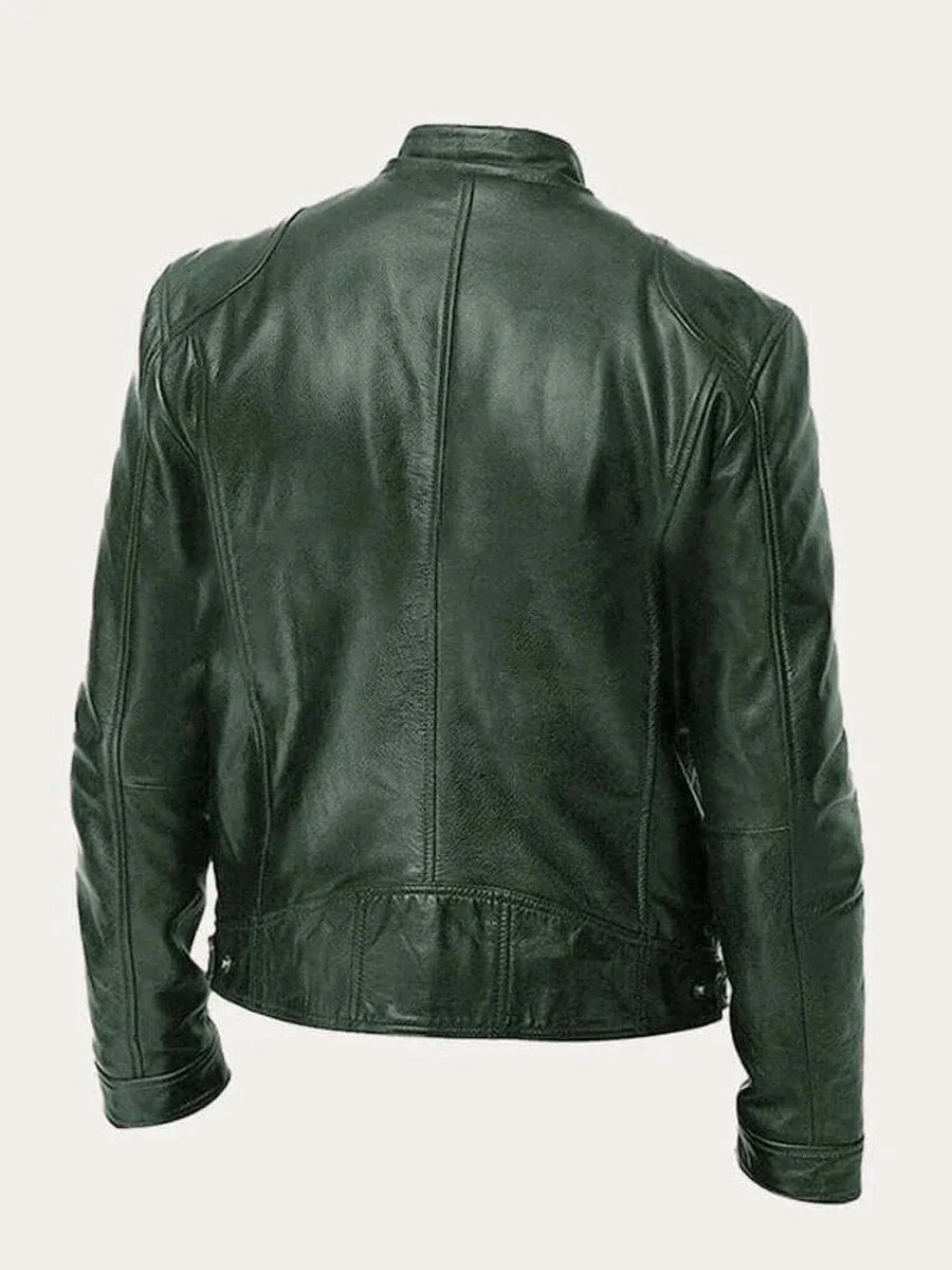 Men's Leather Jacket with Zip-Front Closure & Snap-Button Collar - Back Detail
