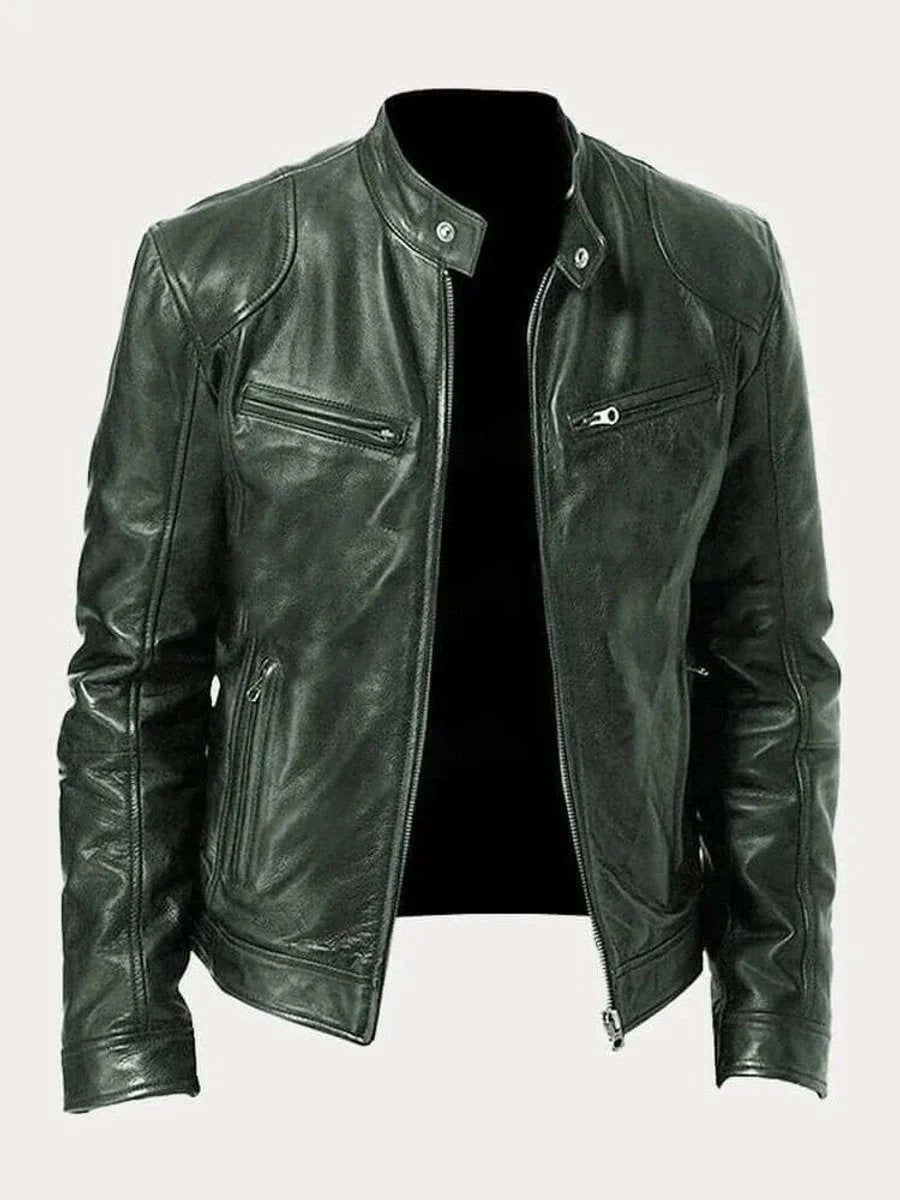 Olive Men's Leather Jacket with Zip-Front Closure & Snap-Button Collar