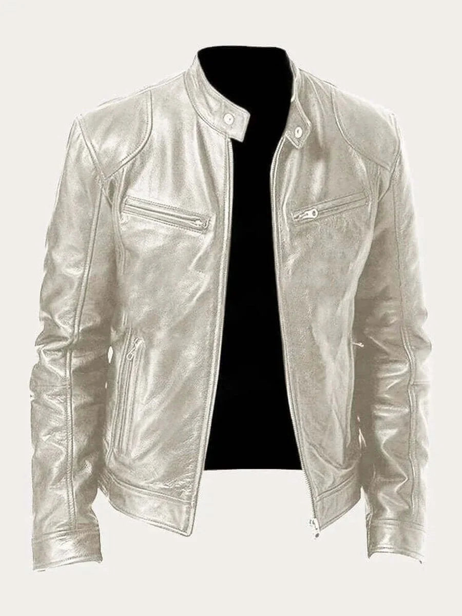 Silver Men's Leather Jacket with Zip-Front Closure & Snap-Button Collar