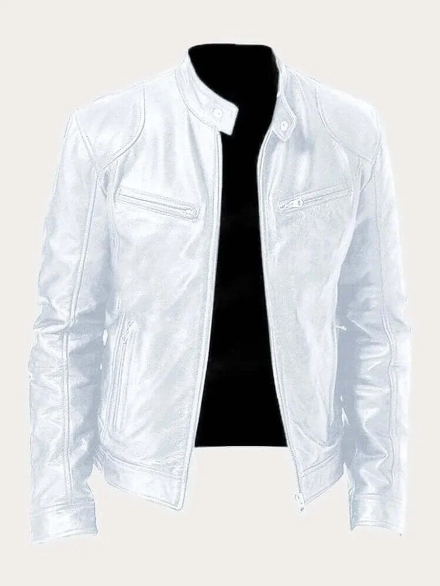 White Men's Leather Jacket with Zip-Front Closure & Snap-Button Collar - Front Full