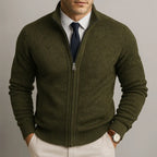 Green Men's Zip Cardigan with Structured Texture & Stand Collar