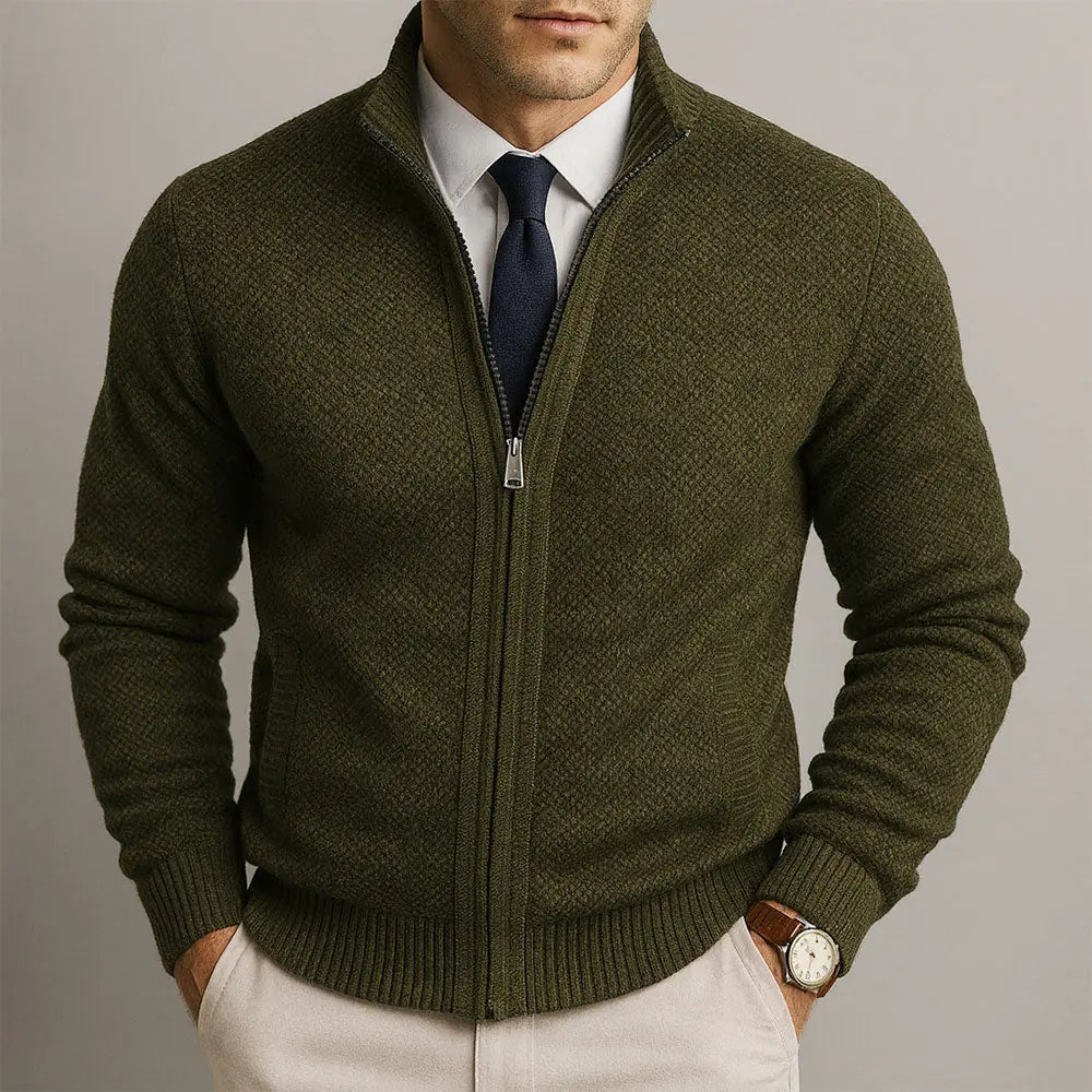 Green Men's Zip Cardigan with Structured Texture & Stand Collar