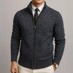 Grey Men's Zip Cardigan with Structured Texture & Stand Collar