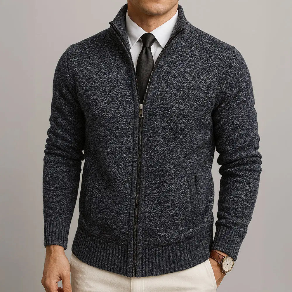 Grey Men's Zip Cardigan with Structured Texture & Stand Collar