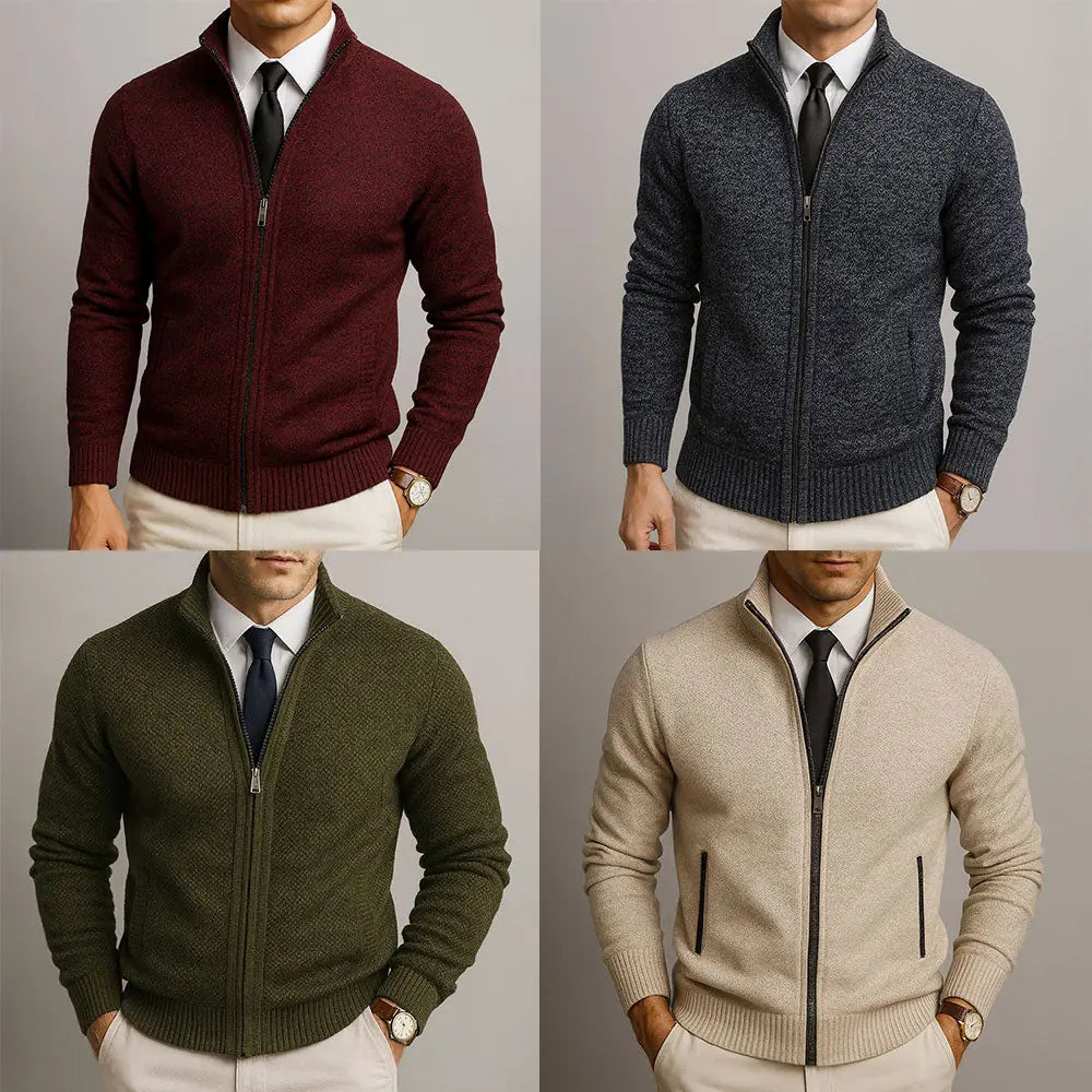 Men's Zip Cardigan with Structured Texture & Stand Collar - Color Grid Collage