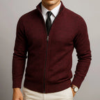 Red Men's Zip Cardigan with Structured Texture & Stand Collar