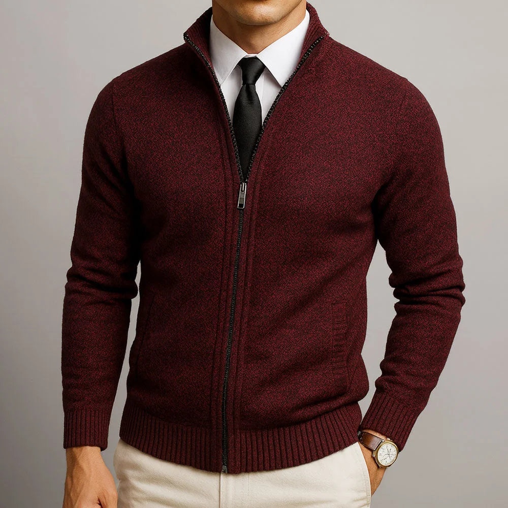 Red Men's Zip Cardigan with Structured Texture & Stand Collar