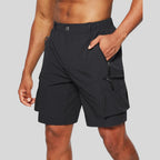 Black Men's Zip Pocket Cargo Shorts Pants — Caleb Quick-Dry Hiking Tactical - Side Pose
