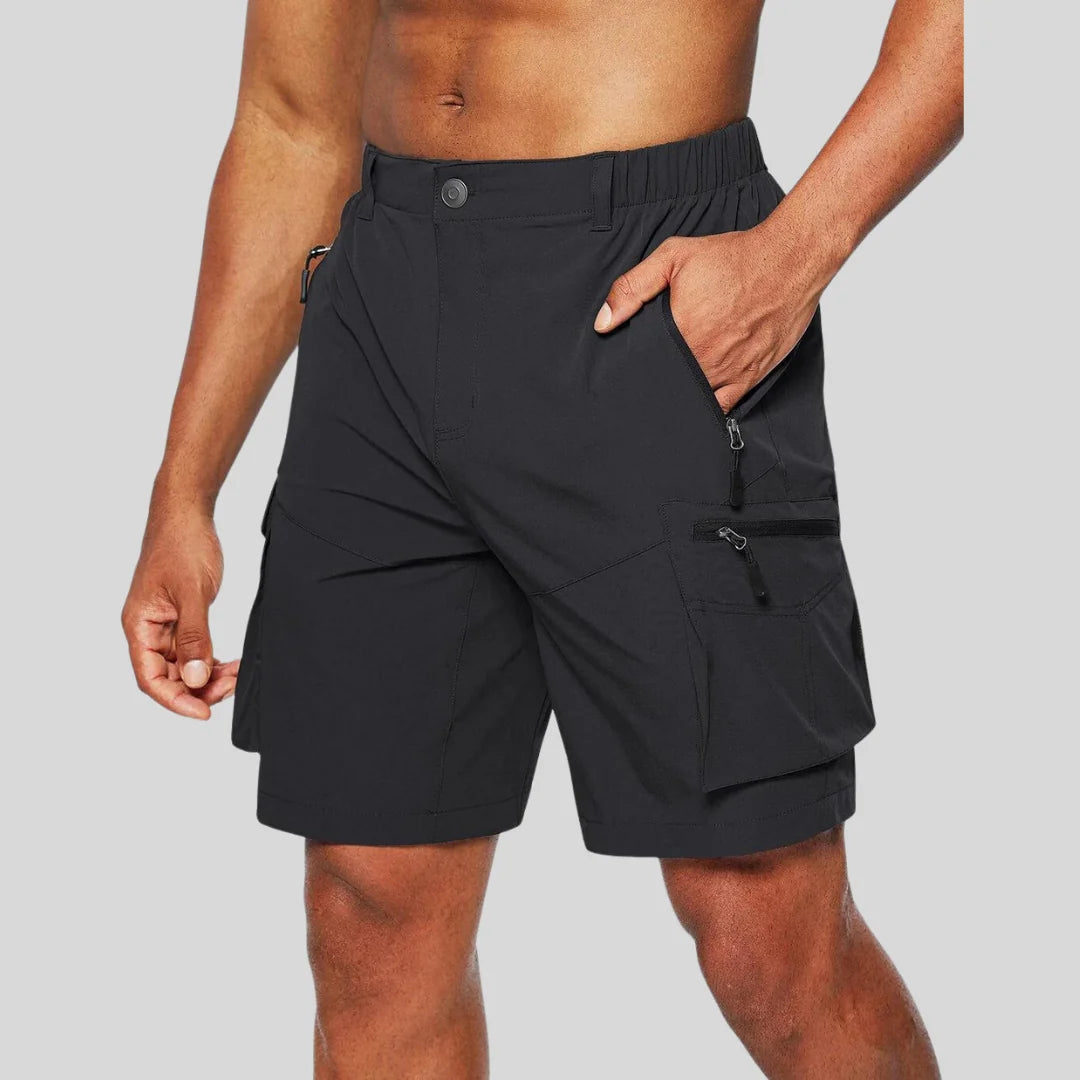 Black Men's Zip Pocket Cargo Shorts Pants — Caleb Quick-Dry Hiking Tactical - Side Pose