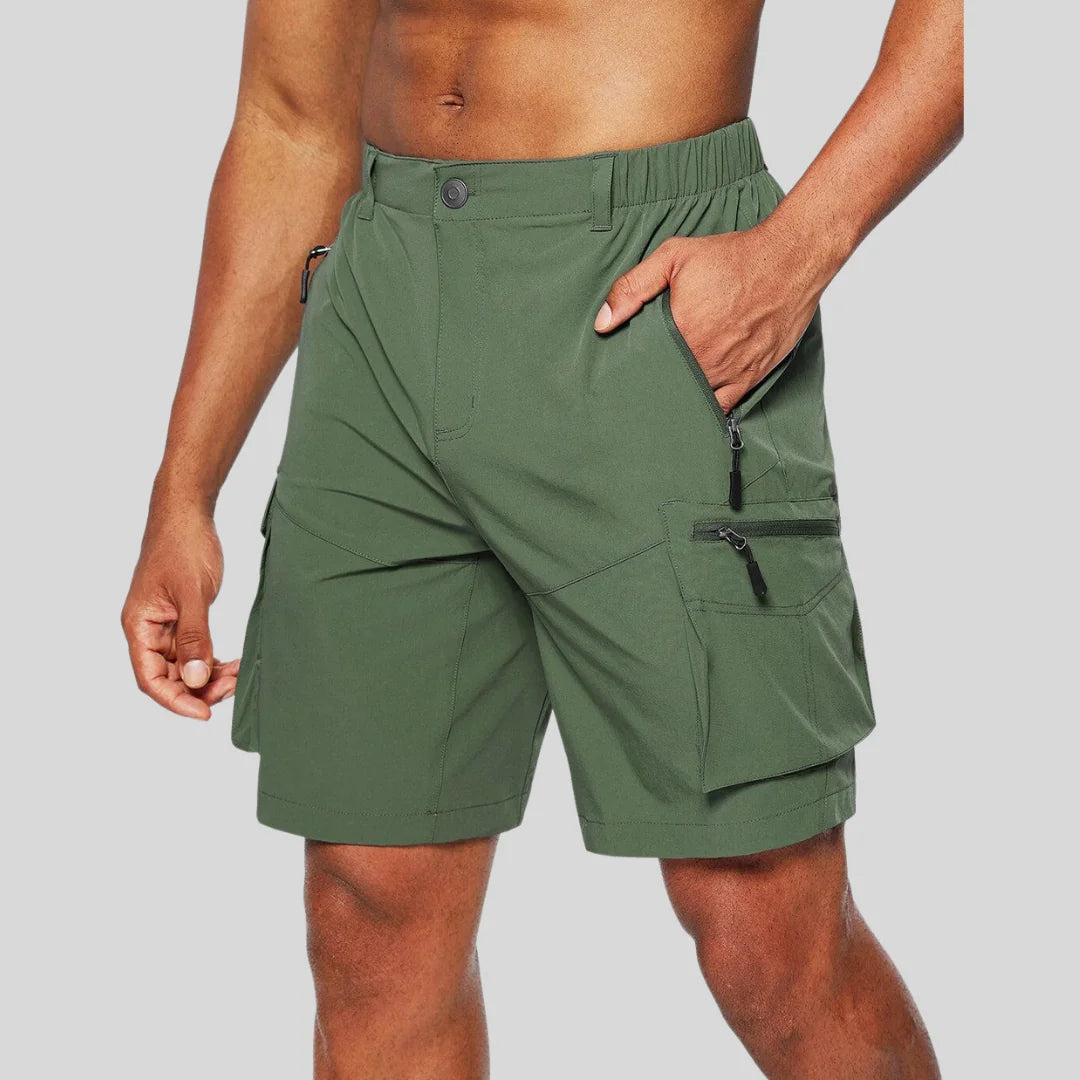 Green Men's Zip Pocket Cargo Shorts Pants — Caleb Quick-Dry Hiking Tactical - Front Hand Pocket