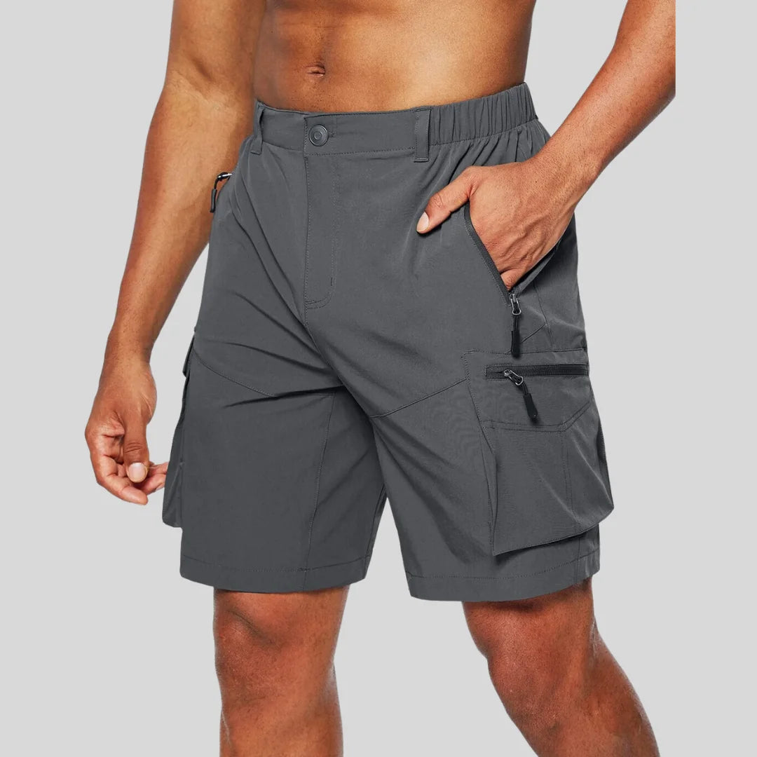 Grey Men's Zip Pocket Cargo Shorts Pants — Caleb Quick-Dry Hiking Tactical - Front Full