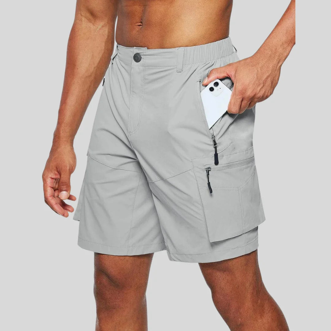 Light Grey Grey Men's Zip Pocket Cargo Shorts Pants — Caleb Quick-Dry Hiking Tactical - Phone Pocket Close Up