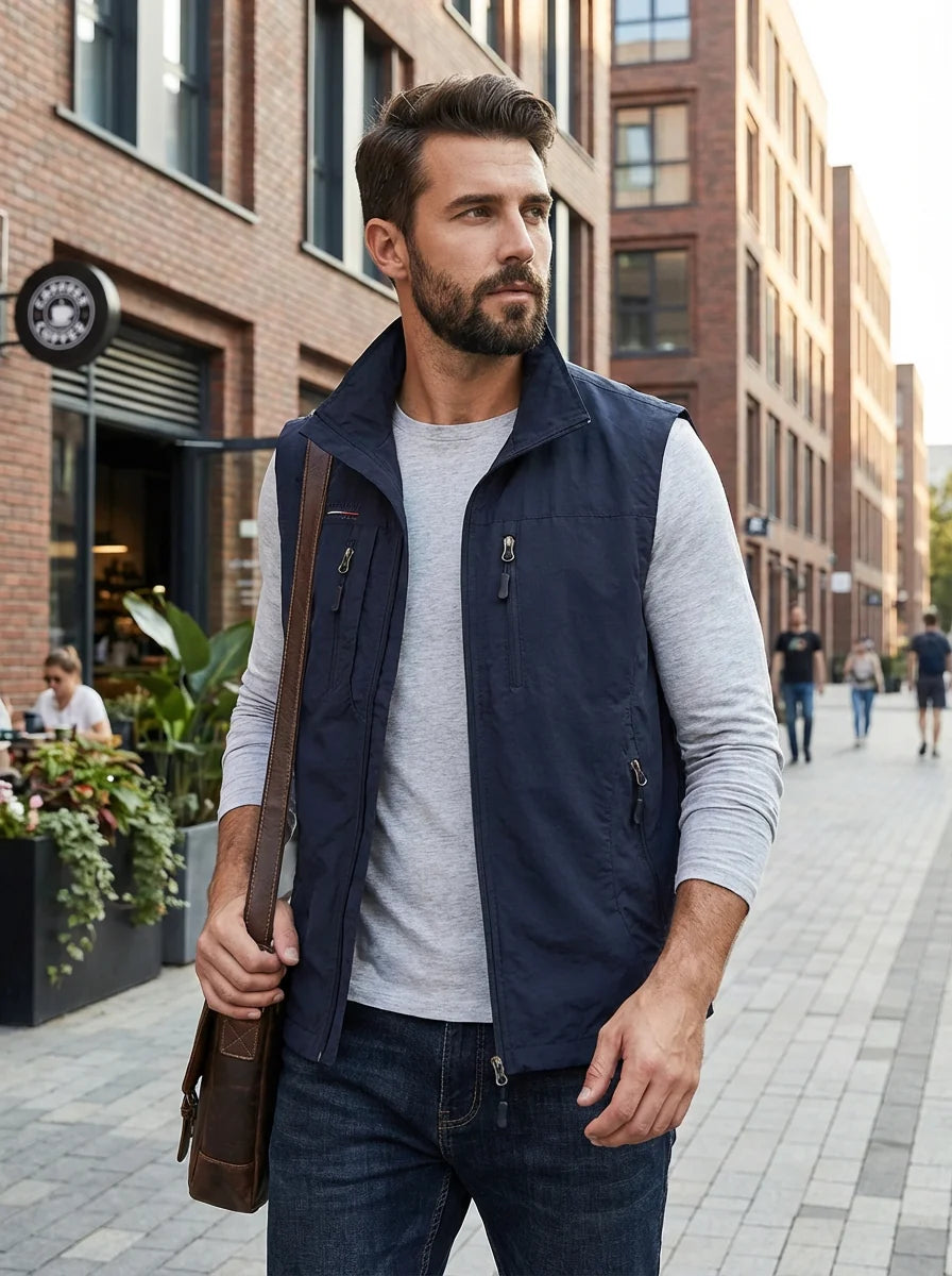 Blue Men's Lightweight Gilet with High Collar & Zip Pockets