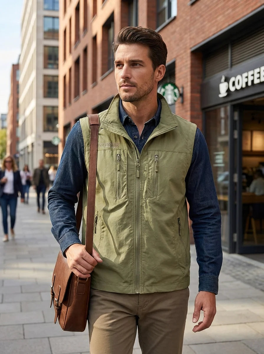 Khaki Men's Lightweight Gilet with High Collar & Zip Pockets