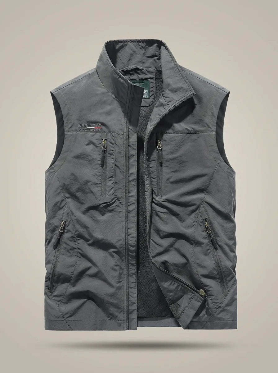 Men's Lightweight Gilet with High Collar & Zip Pockets - Grey Flat Lay