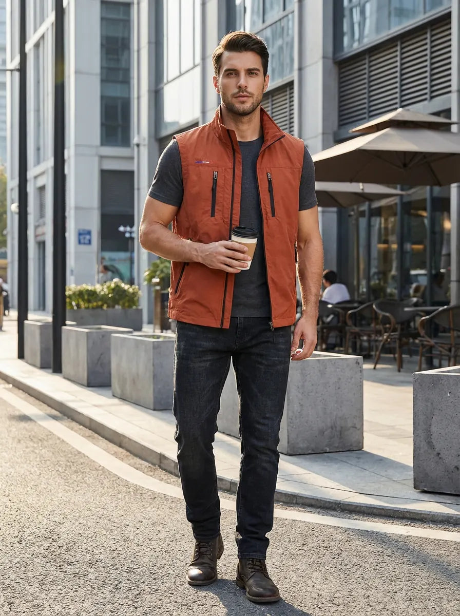 Red Men's Lightweight Gilet with High Collar & Zip Pockets