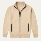 Men's Zip Up Cardigan with Stand Collar & Ribbed Trim - Flat Lay