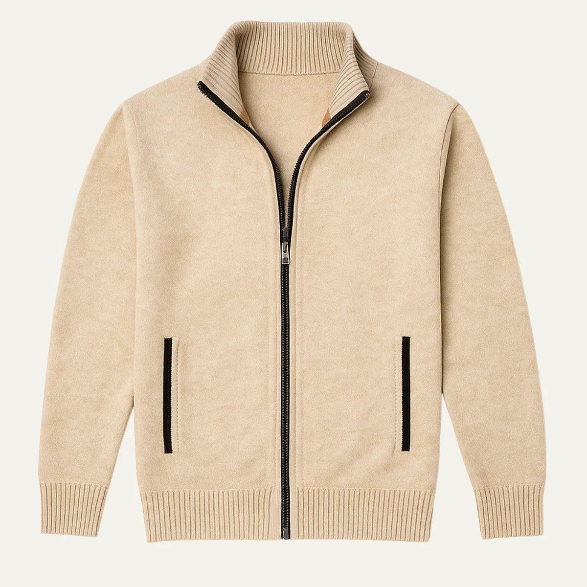 Men's Zip Up Cardigan with Stand Collar & Ribbed Trim - Flat Lay