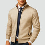 Men's Zip Up Cardigan with Stand Collar & Ribbed Trim - Front Worn Collar Detail