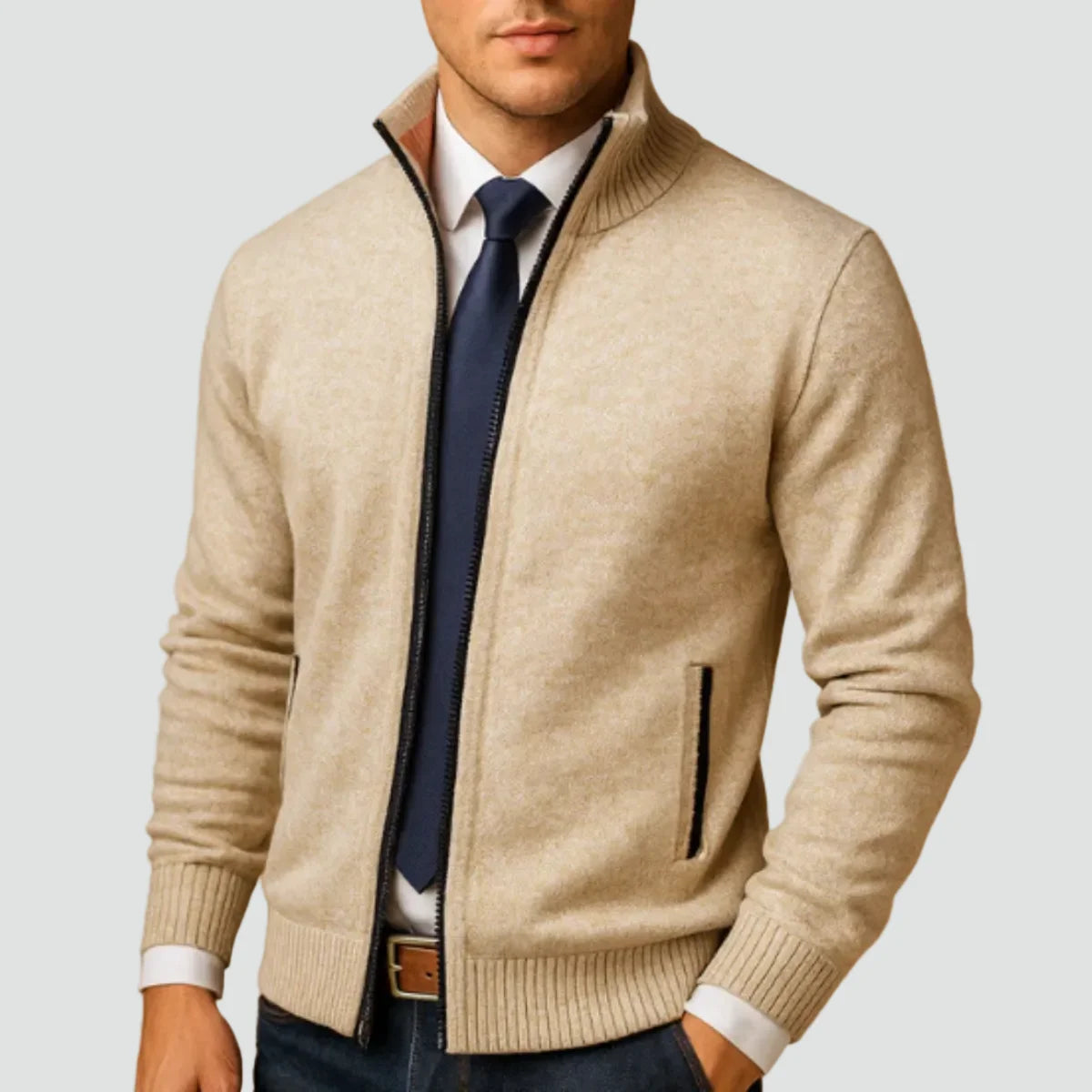 Men's Zip Up Cardigan with Stand Collar & Ribbed Trim - Front Worn Collar Detail