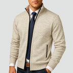 Beige Men's Zip Up Cardigan with Stand Collar & Ribbed Trim