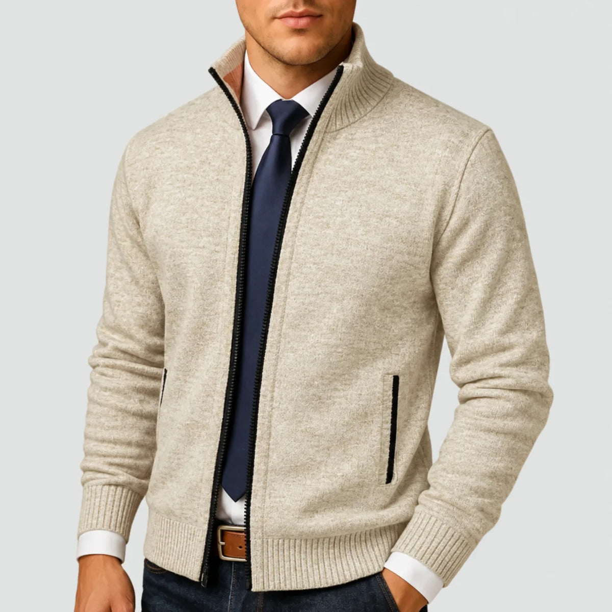 Beige Men's Zip Up Cardigan with Stand Collar & Ribbed Trim