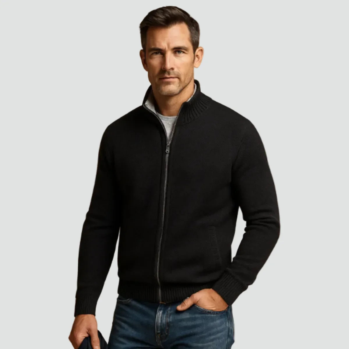 Black Men's Zip Up Cardigan with Stand Collar & Ribbed Trim