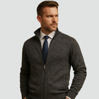 Dark Grey Men's Zip Up Cardigan with Stand Collar & Ribbed Trim - Side Pose Worn