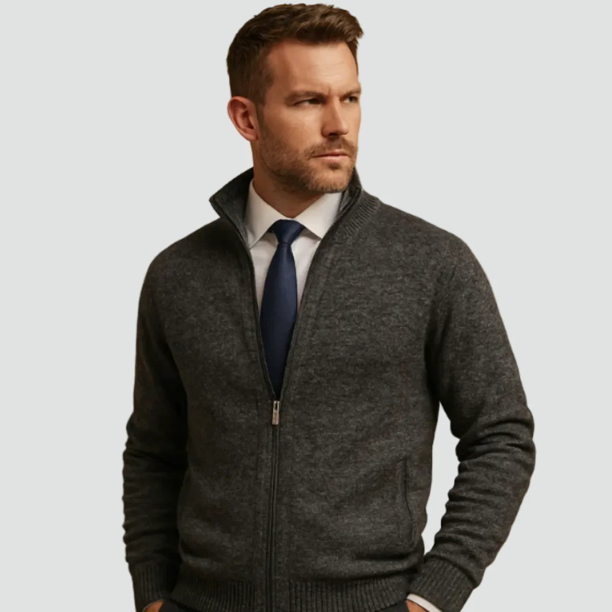 Dark Grey Men's Zip Up Cardigan with Stand Collar & Ribbed Trim - Side Pose Worn