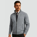 Light Grey Men's Zip Up Cardigan with Stand Collar & Ribbed Trim - Front Pose Worn