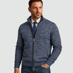 Navy Blue Men's Zip Up Cardigan with Stand Collar & Ribbed Trim - Three Quarter Worn