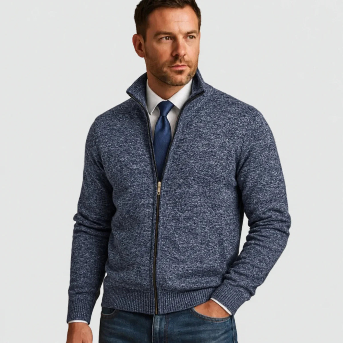 Navy Blue Men's Zip Up Cardigan with Stand Collar & Ribbed Trim - Three Quarter Worn