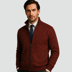 Red Men's Zip Up Cardigan with Stand Collar & Ribbed Trim