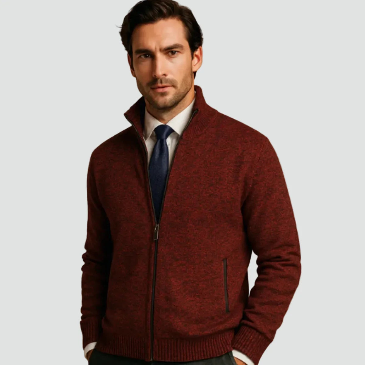 Red Men's Zip Up Cardigan with Stand Collar & Ribbed Trim