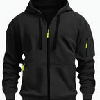 Black Men's Hooded Jacket with Zip-Up Front & Multi-Pocket Design
