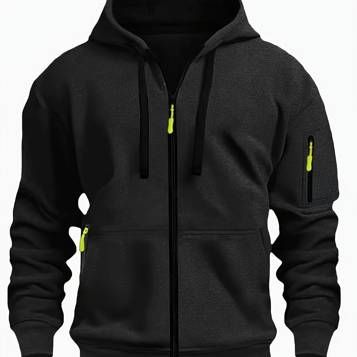 Black Men's Hooded Jacket with Zip-Up Front & Multi-Pocket Design