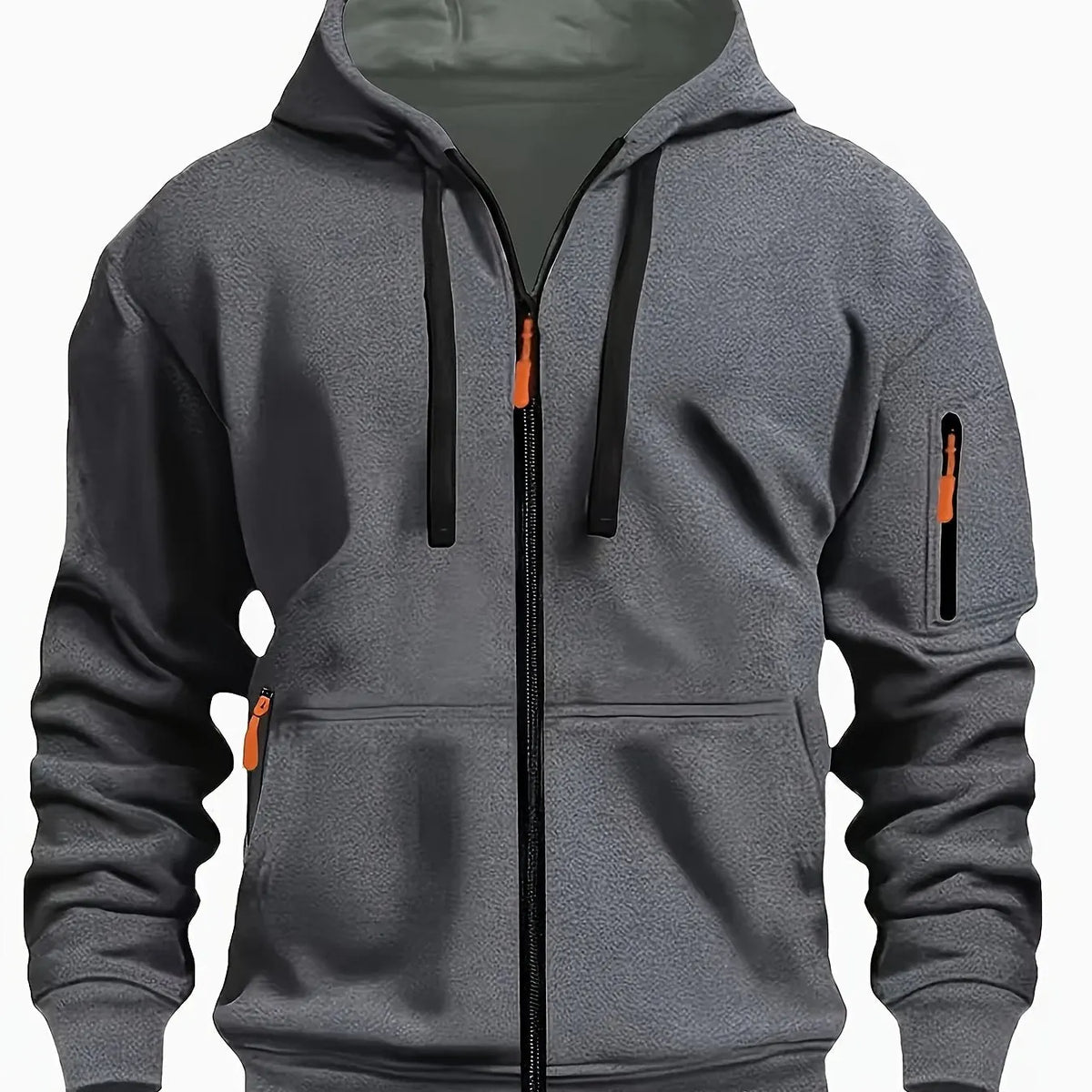 Dark Grey Men's Hooded Jacket with Zip-Up Front & Multi-Pocket Design