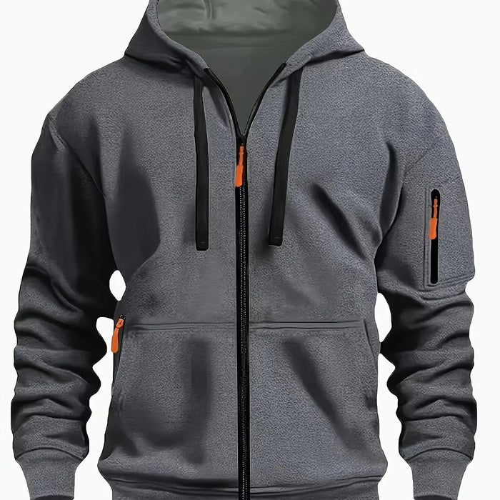 Dark Grey Men's Hooded Jacket with Zip-Up Front & Multi-Pocket Design