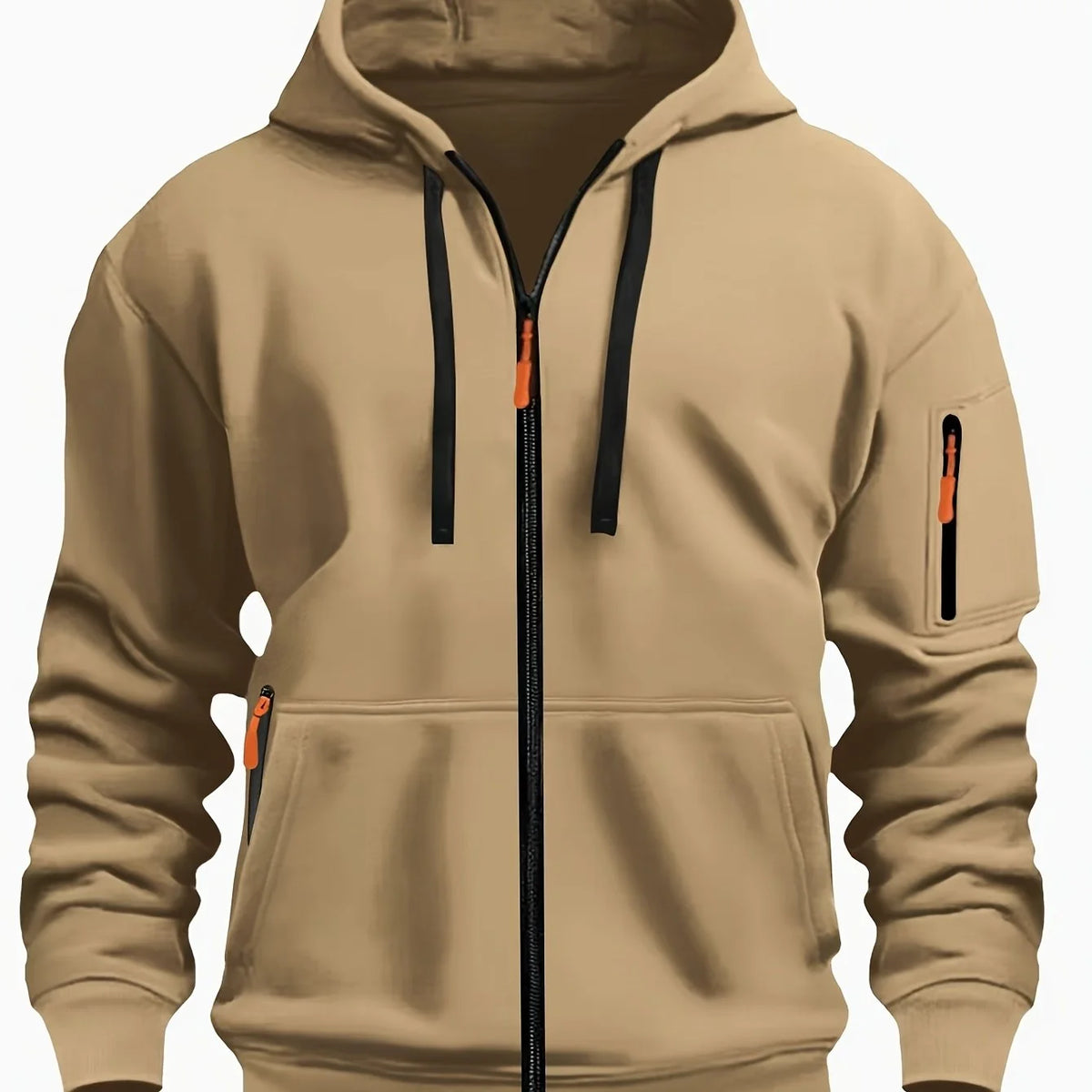 Khaki Men's Hooded Jacket with Zip-Up Front & Multi-Pocket Design