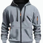 Light Grey Men's Hooded Jacket with Zip-Up Front & Multi-Pocket Design
